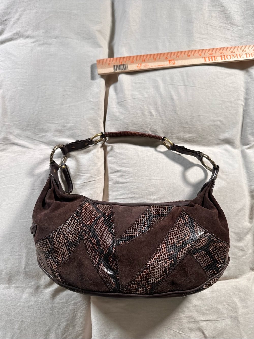 Cole Haan Alison Patchwork Shoulder Handbag Brown Suede Snakeskin Hobo Y2K Flaws